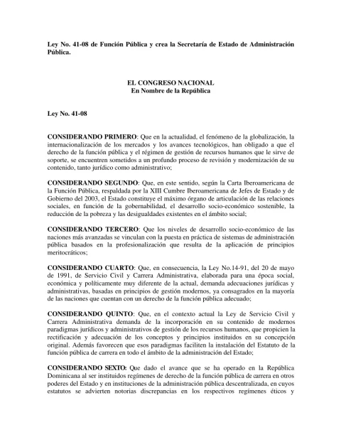 Portada: Ley No. 41-08 de Funcion Publica y crea la Secretaria de Estado de Administracion (2008)