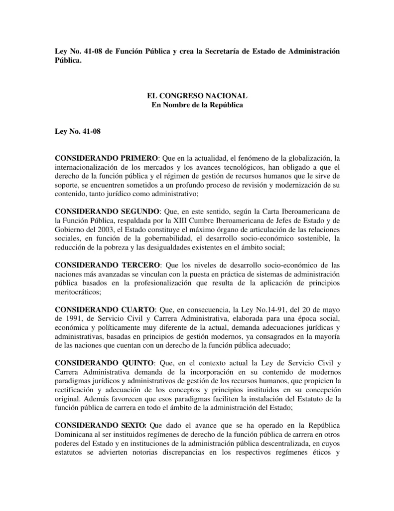 Portada: Ley No. 41-08 de Funcion Publica y crea la Secretaria de Estado de Administracion (2008)
