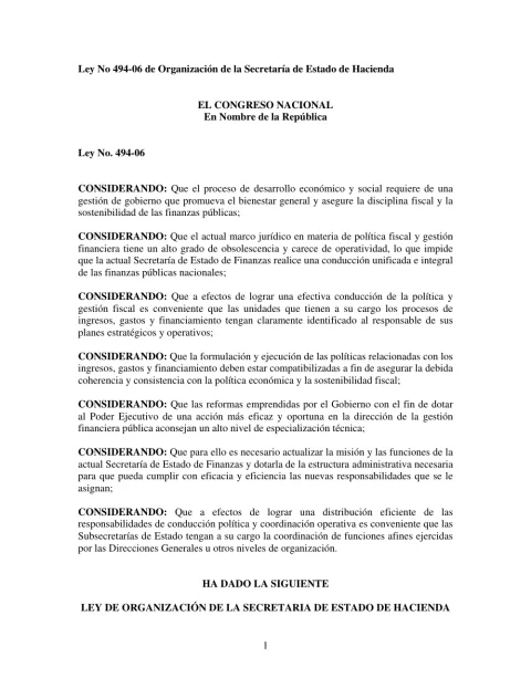 Portada: Ley No 494-06 de Organizacion de la Secretaria de Estado de Hacienda (2006)