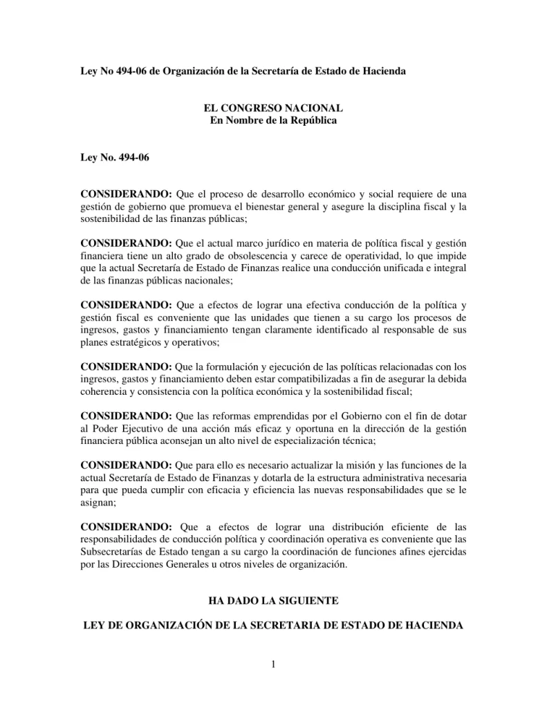 Portada: Ley No 494-06 de Organizacion de la Secretaria de Estado de Hacienda (2006)
