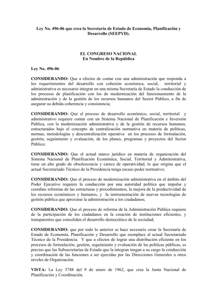 Portada: Ley No. 496-06 Que crea la Secretaria de Estado de Economia Planificacio (2006)