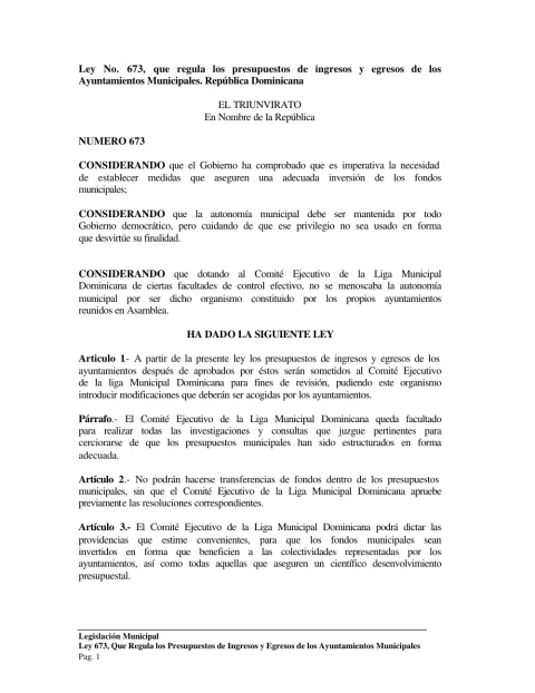 Portada: Ley No. 673 Que regula los presupuestos de ingresos y egresos de los Ayuntamientos Municipales