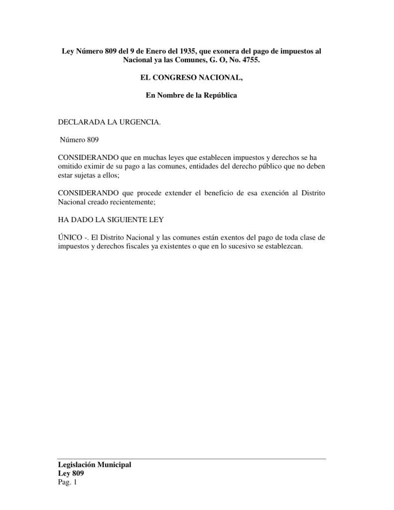 Portada: Ley No. 809