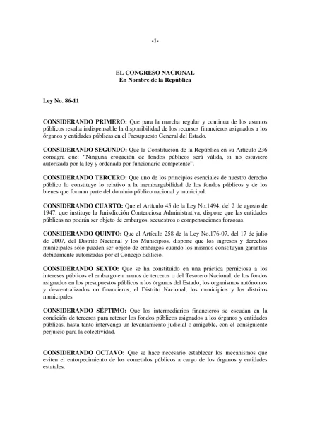 Portada: Ley No. 86-11 Sobre Disponibilidad de Fondos Publicos (2011)