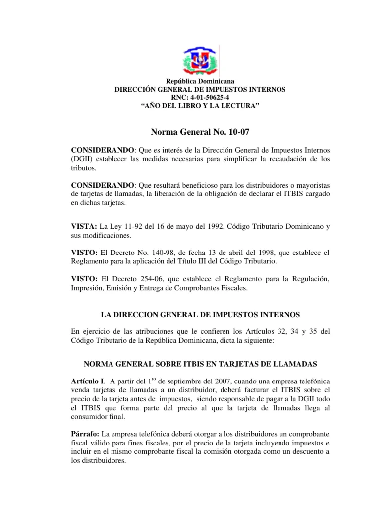 Portada: Norma General No. 10-07 (2007)