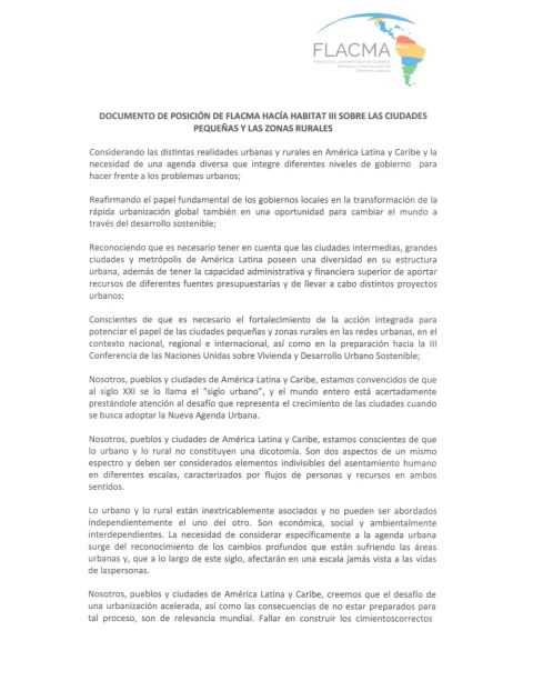 Portada: Posición de FLACMA hacía Habitat III sobre las ciudades pequeñas y las zonas rurales (2017)