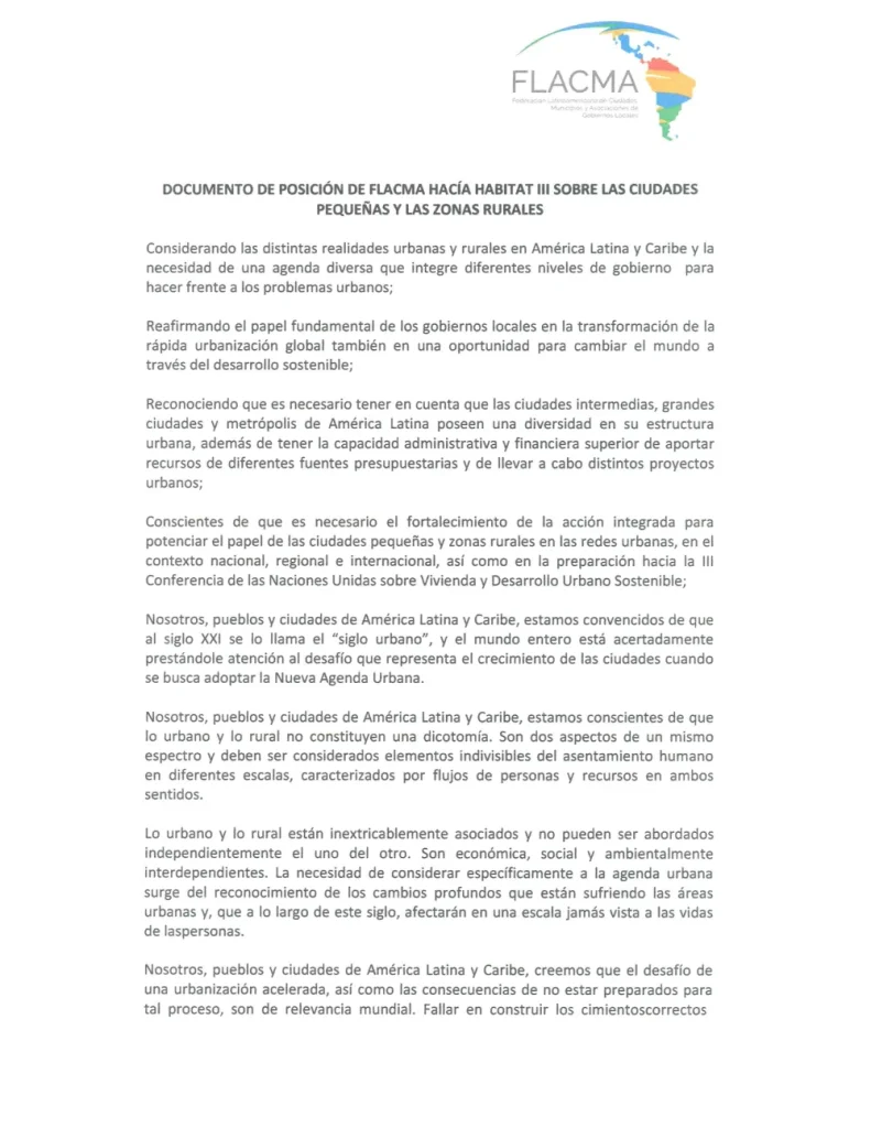 Portada: Posición de FLACMA hacía Habitat III sobre las ciudades pequeñas y las zonas rurales (2017)