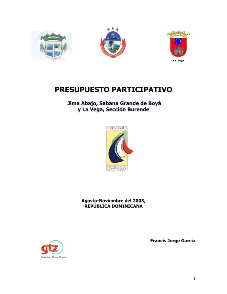 Portada: Presupuesto Participativo Jima Abajo Sabana Grande de Boya y La Vega Seccion Burende (2003)