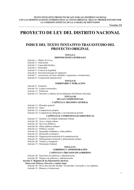 Portada: Proyecto de Ley del Distrito Nacional