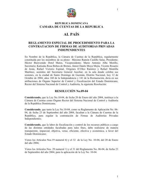 Portada: Reglamento No. 09-04 Especial de Procedimientos para la Contratación de Firmas de Auditorías Privadas Independientes (2004)
