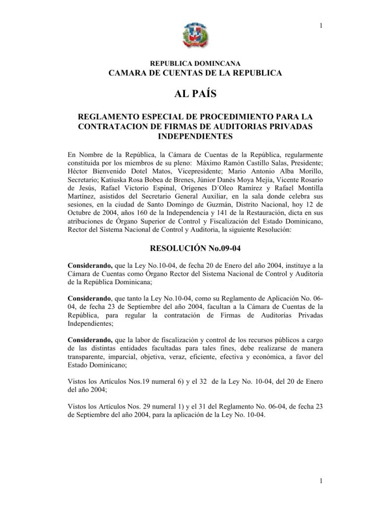 Portada: Reglamento No. 09-04 Especial de Procedimientos para la Contratación de Firmas de Auditorías Privadas Independientes (2004)