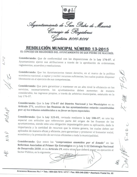 Portada: Resolucion Municipal Número 13-2015 del Ayuntamiento de San Pedro de Macoris