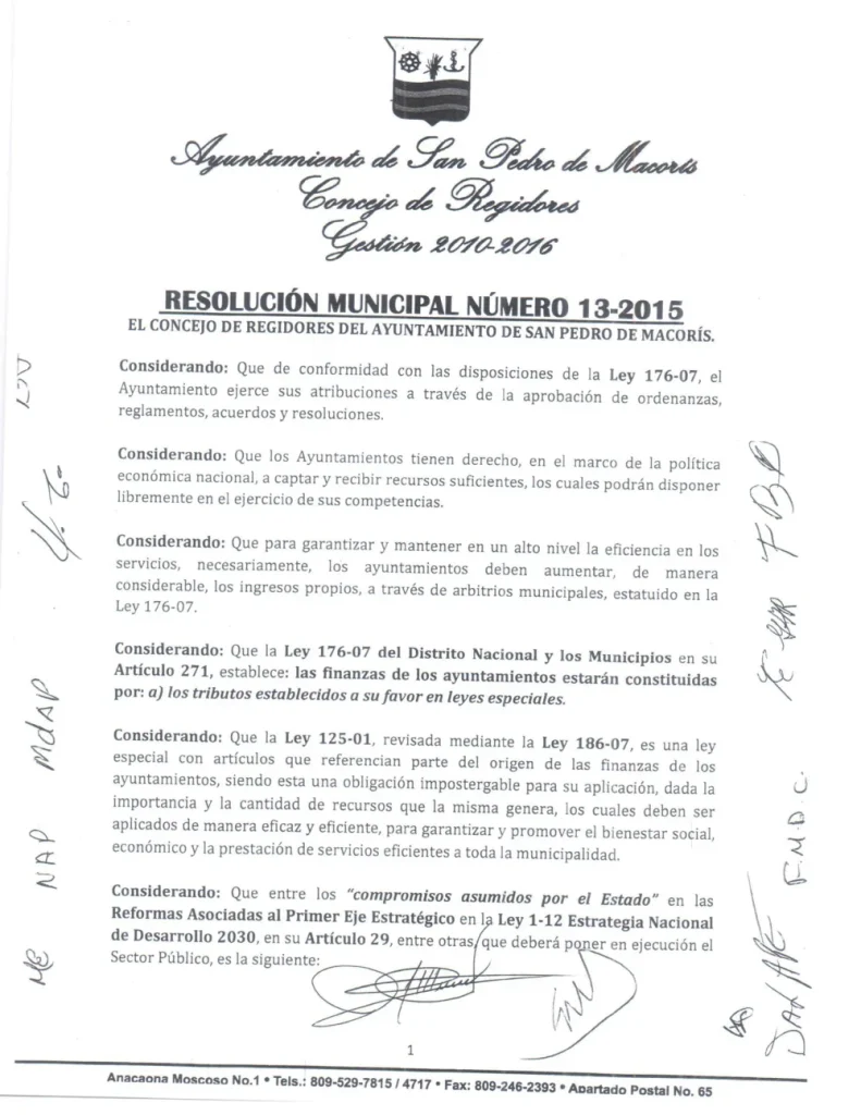 Portada: Resolucion Municipal Número 13-2015 del Ayuntamiento de San Pedro de Macoris