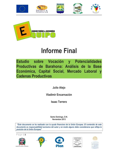 Portada: Estudio sobre Vocación y Potencialidades Productivas de Barahona: Análisis de la Base Económica, Capital Social, Mercado Laboral y Cadenas Productivas